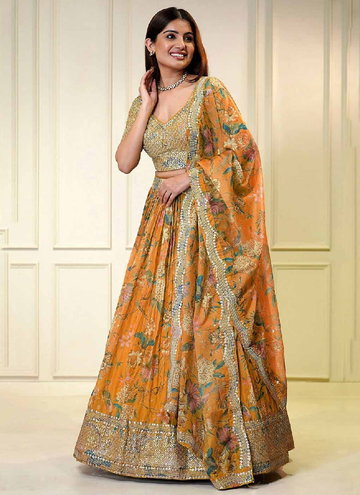 Soft Orange Organza Lehenga with sequin thread embroidery and digital print